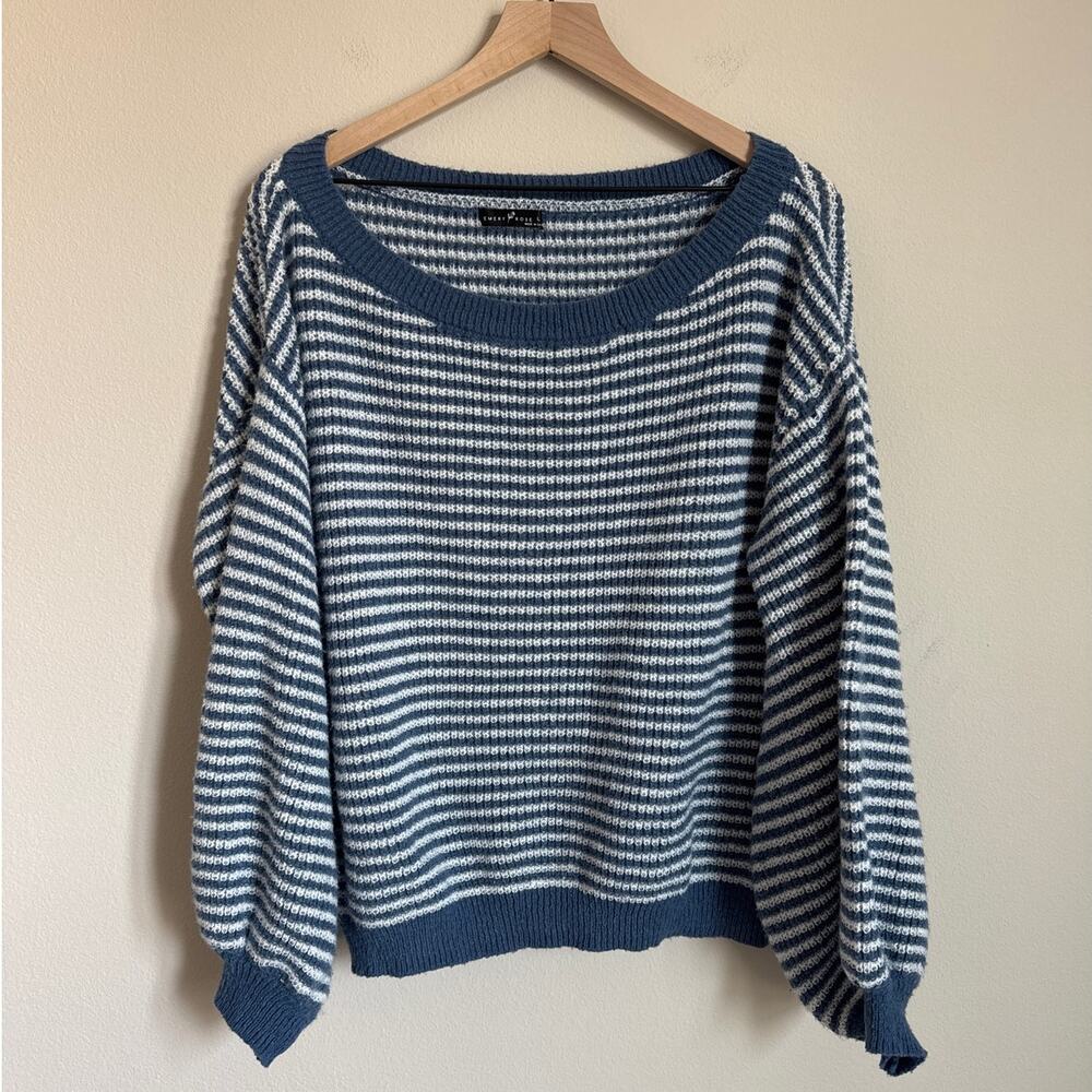 Emery Rose Women Blue Stripe Knit Bell Sleeve Longsleeve Crew Sweater Size Large